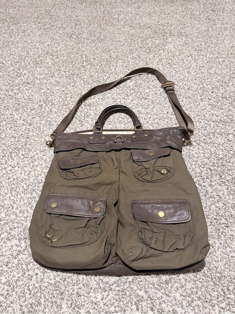 Polo Ralph Lauren Men's Olive Canvas Crossbody Tote Bag with Brown Leather Trim